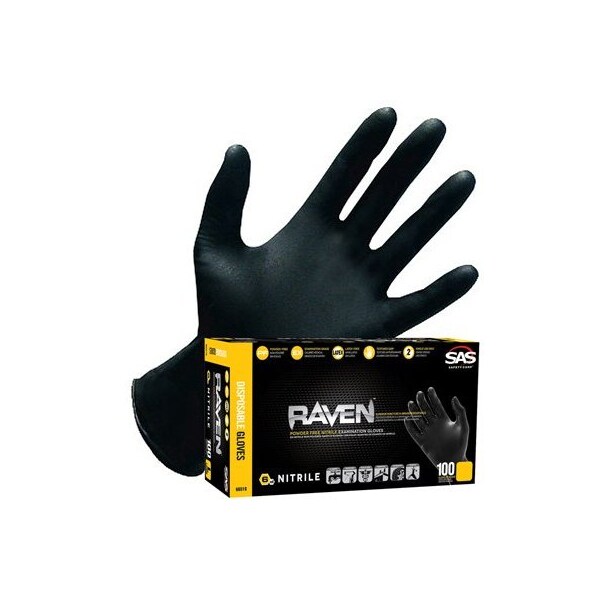 Raven, Nitrile Disposable Gloves, Textured, 7 mil Palm, Nitrile, Powder-Free, S, 100 PK, Black